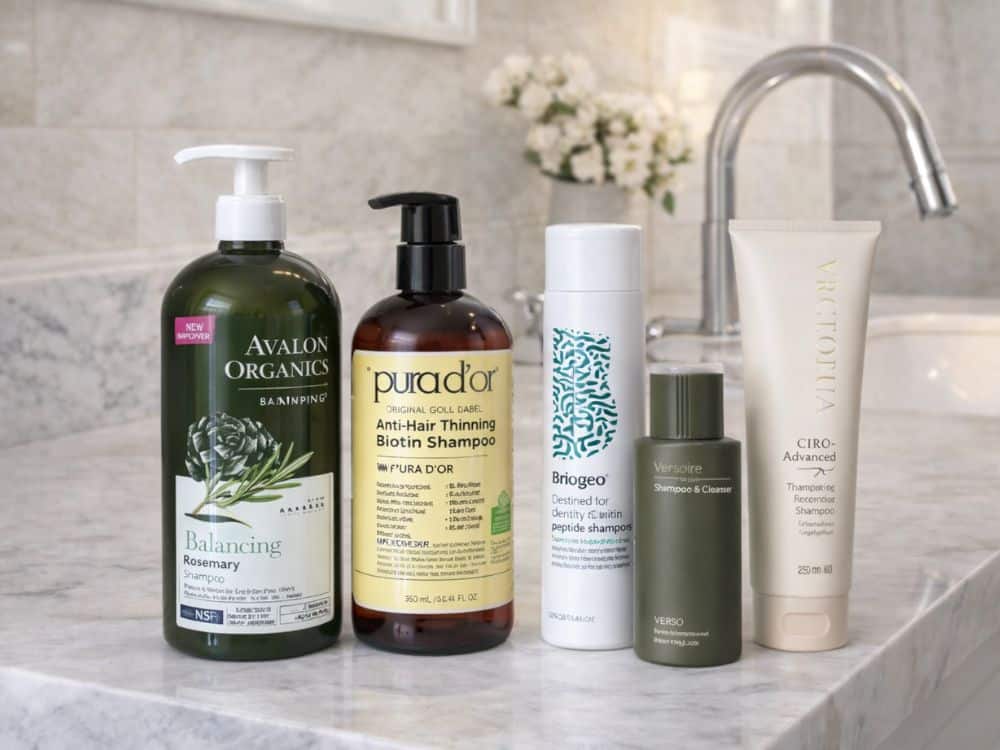 Five hair care products displayed upright on a luxury marble bathroom sink, soft natural lighting, and modern bathroom background