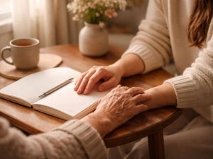 Close-up of an elderly grandmother’s hand gently resting near her young adult granddaughter’s hand on a small wooden table beside an open notebook and pen, softly lit by warm morning window light in a calm, cozy home setting.