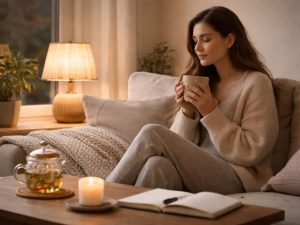 Woman relaxing on a cozy sofa with herbal tea, candlelight, and a notebook during calm evening self-care - After-Work Rituals to Help Your Nervous System Settle.