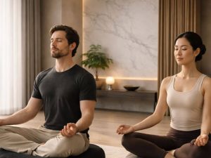 Buckwheat vs memory foam meditation cushion comparison with two people meditating in a spacious modern room on two different cushion styles.