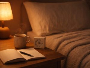 Nighttime journaling setup with herbal tea, notebook, and timer on a bedside table - evening rituals for better sleep and less mental clutter.