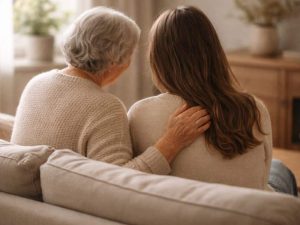 Elderly grandmother and young adult granddaughter sitting side-by-side on a cozy sofa in a softly lit living room, seen from behind, with the grandmother gently resting her hand on the granddaughter’s shoulder in a calm and comforting moment.