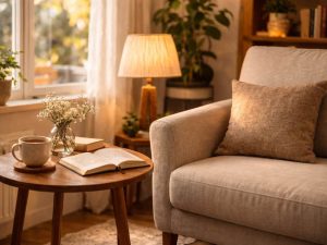 Cozy home reading corner with a beige armchair beside a small wooden table holding an open book, a cup of tea, and a small vase of flowers, softly lit by warm lamp light and natural window light in a calm, uncluttered living room.