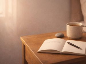 Cozy bedside ritual with a notebook, warm tea, and a small stone symbolizing how to let go of resentment without forgiving.