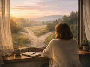 Woman journaling by a window at sunset, reflecting on letting go vs giving up and a difficult life decision
