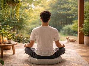 A crescent meditation cushion supports the thighs and hips, making it easier to maintain posture and reducing pressure for those with tight hips or knee discomfort