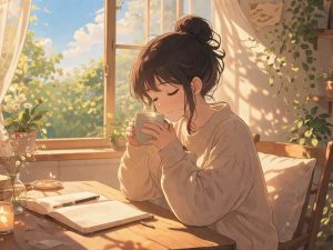 Anime girl sitting at a wooden table by a sunlit window, holding a cup in a cozy room filled with plants and warm golden light.