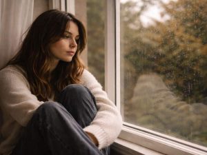 Woman sitting quietly by a window in soft natural light, reflecting on emotions and the theme of Acceptance vs Resignation.