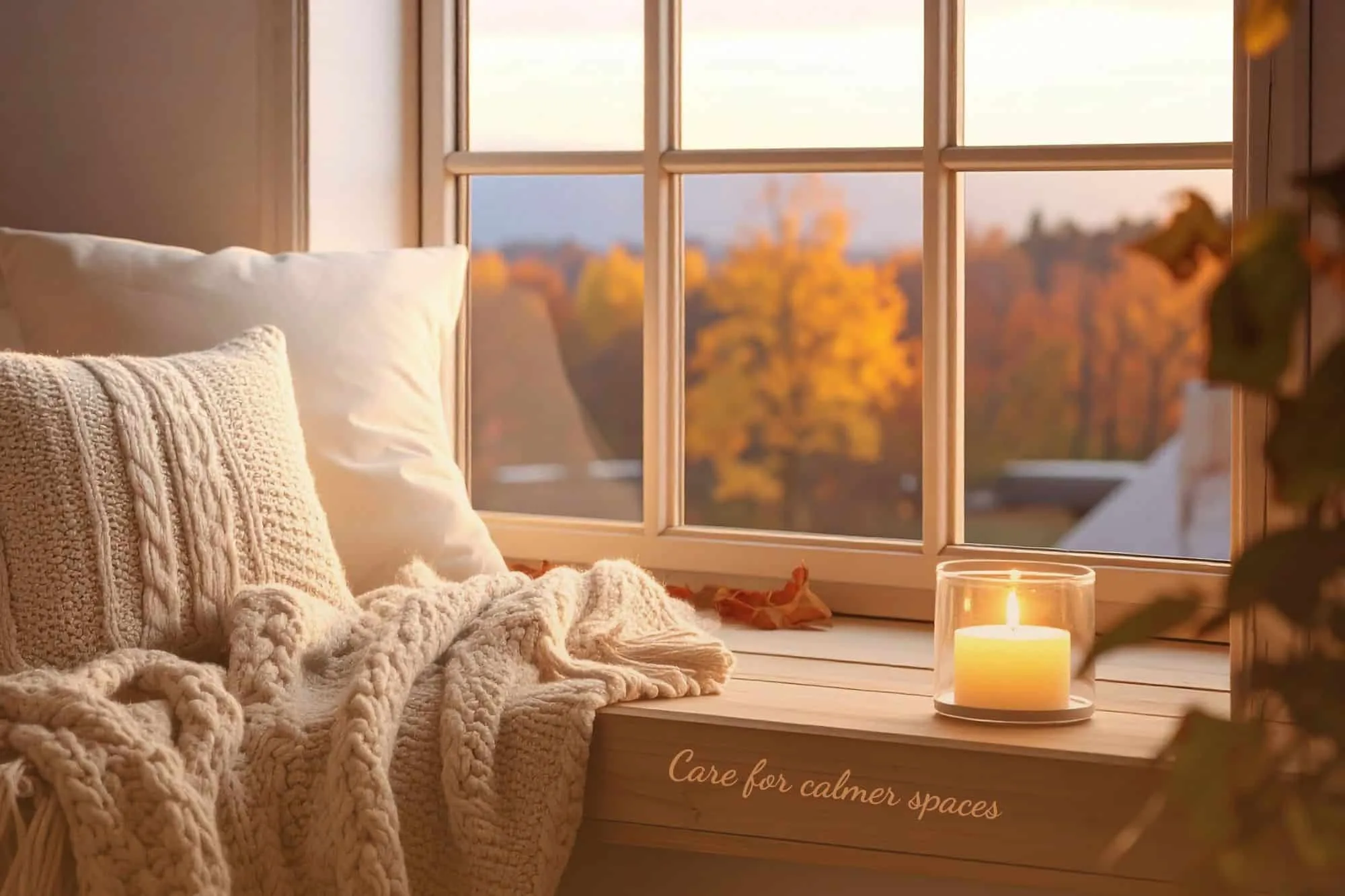 Cozy everyday home care scene with a soft knit blanket and pillow by a window, a glowing candle, and warm autumn light creating a calm and comforting space.