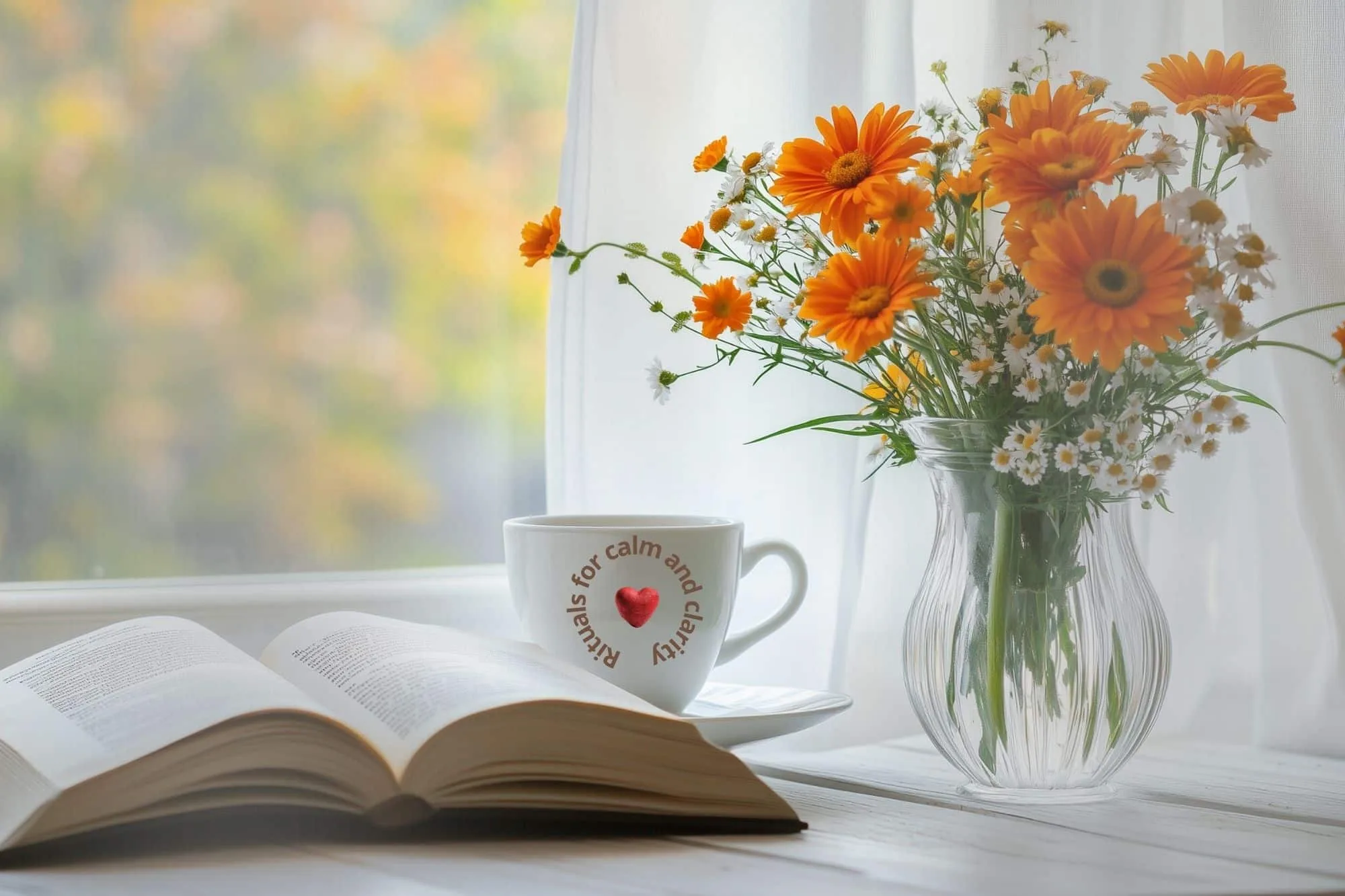 Cozy everyday moment by the window with a cup of tea, an open book, and a glass vase of fresh orange flowers in soft natural light.