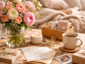 Last-minute Mother’s Day ideas that still feel thoughtful shown as a cozy at-home setup with flowers, tea, a candle, notes, and wrapped gifts on a wooden table