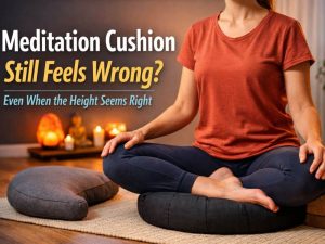 Meditation cushion still feels wrong even when the height seems right, showing a woman sitting on a round cushion with extra support nearby in a cozy home setting.