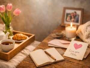 Cozy Mother’s Day morning setup at home with tea, croissant, pink tulips, a candle, a notebook, and handwritten notes on a wooden table