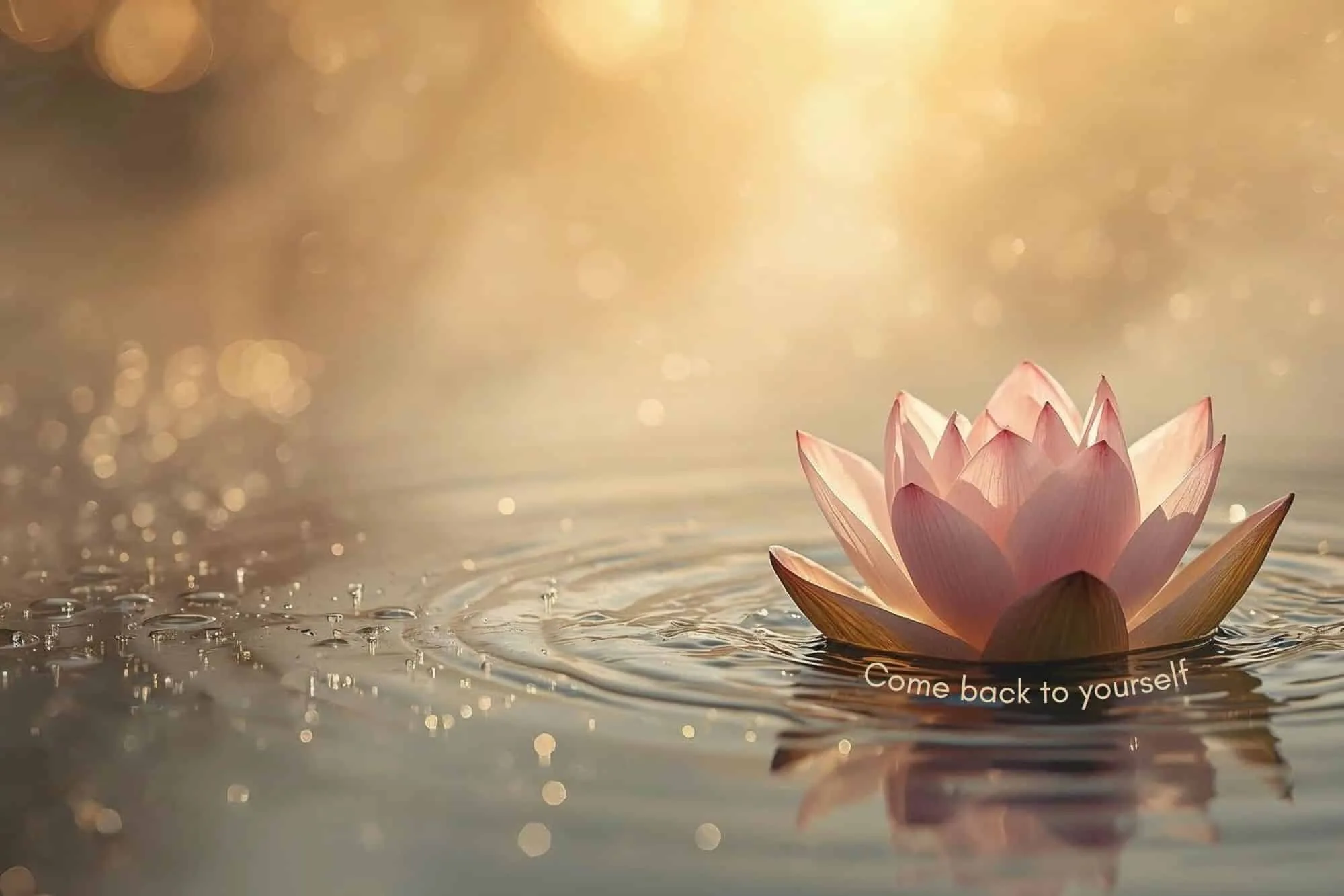 Cozy everyday moment with a soft pink lotus floating on calm water at golden hour, gentle ripples and warm light creating a peaceful, meditative atmosphere.