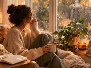Why most self-care routines don’t last — cozy woman resting by a window during a quiet self-care moment