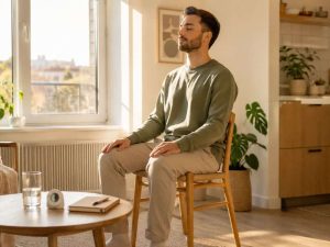 Morning Meditation Routine for Beginners with a man practicing simple chair meditation near a sunny living room window in a cozy modern home