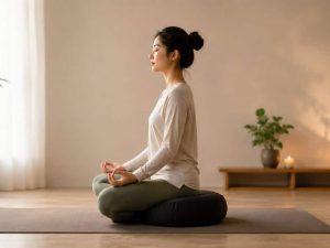 Best Sitting Positions for Meditation When Your Legs Go Numb – woman meditating comfortably on a round meditation cushion in a calm, minimalist room with soft natural light.