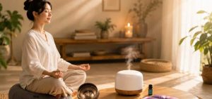 Woman meditating on a zafu cushion in a calm under-$100 meditation setup with a singing bowl, diffuser, essential oil, and eye pillow nearby.