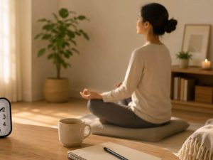 Building a Sustainable Meditation Habit in a bright, minimalist meditation space featuring a woman practicing daily mindfulness with a simple analog alarm clock, natural morning light, a notebook, tea, and calming home decor that supports a consistent meditation routine.
