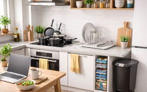 First Apartment Essentials for Young Adults displayed in a modern apartment kitchen, featuring cookware, a dish drying rack, a slim pantry organizer, and a trash bin arranged in a clean, organized living space designed for young adults.