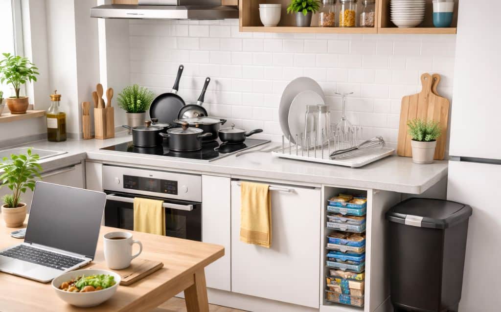 First Apartment Essentials for Young Adults displayed in a modern apartment kitchen, featuring cookware, a dish drying rack, a slim pantry organizer, and a trash bin arranged in a clean, organized living space designed for young adults.