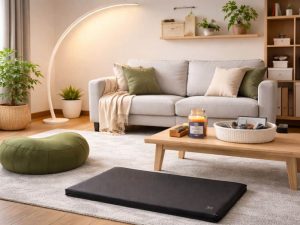 How to Create a Meditation Space at Home with a cozy and calming living room featuring a meditation cushion, exercise mat, soft ambient lighting, scented candle, and minimalist decor designed for relaxation and mindfulness.