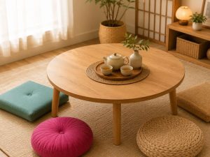 Japanese Dining Pillows arranged around a low wooden tea table in a calm Japanese-inspired living space, featuring four different floor cushion styles that create a cozy, balanced setting for dining, tea rituals, and relaxed floor seating at home.