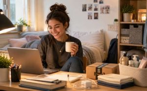 Prime for Young Adults guide for a student planning everyday essentials in a cozy dorm room