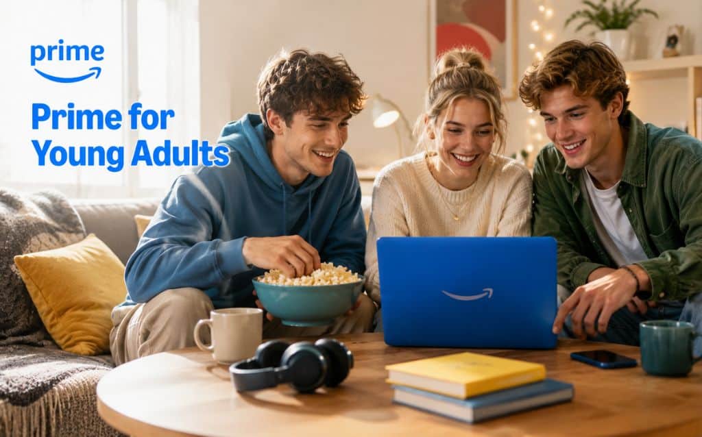 Three young European adults sitting together in a cozy modern living room, smiling while using a laptop with Prime branding. The scene includes casual outfits, warm ambient lighting, books, drinks, headphones, and a relaxed social atmosphere promoting Prime for Young Adults.