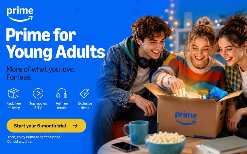 Promotional banner for Prime for Young Adults featuring three young European friends gathered indoors opening a Prime package together. The design uses a bold blue brand panel with Prime messaging on the left and a warm lifestyle scene on the right, highlighting entertainment, shopping, and student-friendly membership benefits.