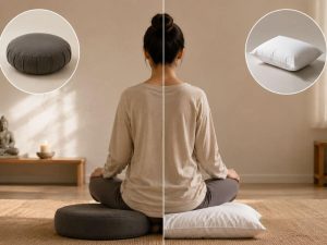 Vipassana Cushion vs Regular Pillow comparison showing the same meditator seated in identical posture on two different types of cushions, highlighting the differences in support, spinal alignment, and comfort for long meditation sessions in a calm, minimalist meditation room.