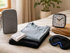 What You Really Need for a 10-Day Vipassana Retreat displayed through a calm, minimalist bedroom scene featuring neatly packed retreat essentials, including modest clothing, a travel organizer pouch, an analog alarm clock, and a comfortable sleep mask arranged naturally in a peaceful, distraction-free environment.