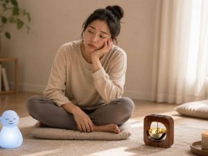 Why Meditation Feels Boring illustrated by a young woman sitting quietly in a peaceful meditation room with a distracted, unmotivated expression, while a soft meditation light and a gentle mindfulness timer create a calm environment that contrasts with her inner restlessness.