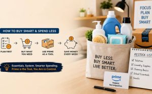 Young Adults Can Save Money on Everyday Essentials with a clean lifestyle infographic showing smart shopping habits, household supplies, an organized restock setup, and Prime-inspired budgeting ideas for reducing everyday spending.
