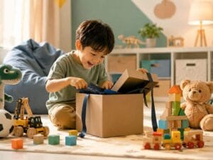 How to Choose a Gift That Matches How a Child Plays featuring a happy child opening a gift box surrounded by building blocks, stuffed animals, toy vehicles, and educational toys in a bright, cozy playroom.