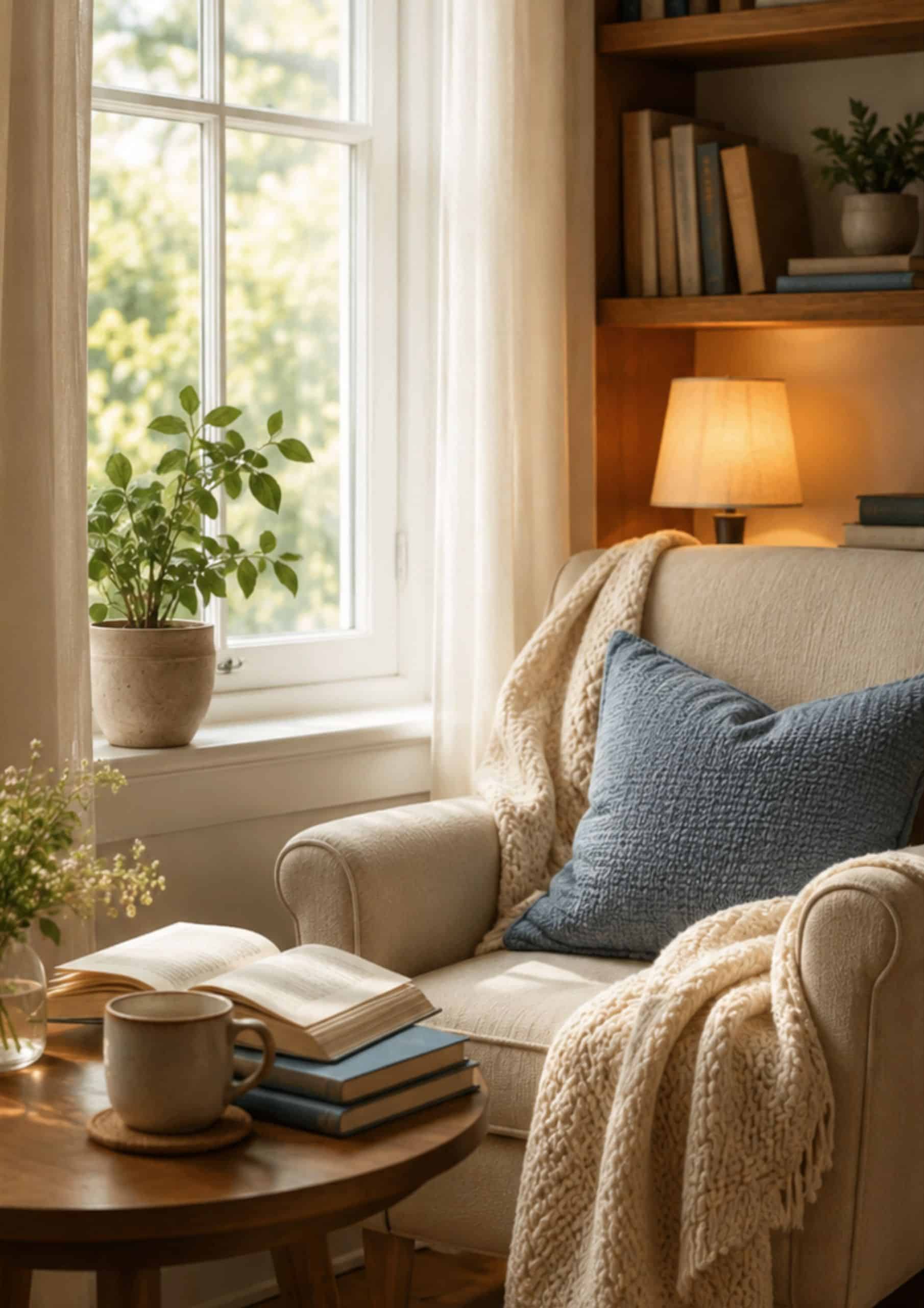 A quiet cozy reading corner with a chair, soft blanket, books, and warm natural light