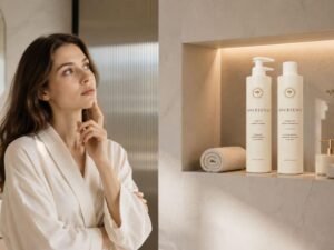 Hair Care Guide featuring a woman thoughtfully looking at shampoo and conditioner on a luxury bathroom shelf, helping choose between using shampoo alone or a complete hair care routine.