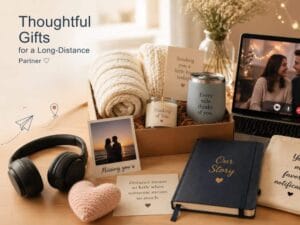 Thoughtful Gifts for a Long-Distance Partner featuring a cozy care package with a knit blanket, candle, journal, headphones, heartfelt notes, and a laptop video call in a warm, inviting home setting.