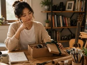 How to Choose a Gift for Someone’s Existing Hobby featuring a woman in a creative hobby room thoughtfully choosing a gift inspired by photography, painting, and other personal interests.
