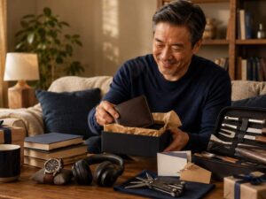Thoughtful Gifts for Dad displayed on a cozy wooden table in a warm living room, including a leather wallet, watch, coffee mug, books, headphones, multi-tool, handwritten card, and gift boxes, as a smiling father opens his present with natural sunlight creating a heartfelt atmosphere.