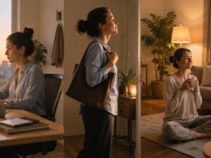 Stop Snapping After Work: A 10-Minute Work-to-Home Transition Ritual showing a woman transitioning from working at her desk to arriving home and relaxing with a warm drink in a cozy living space.