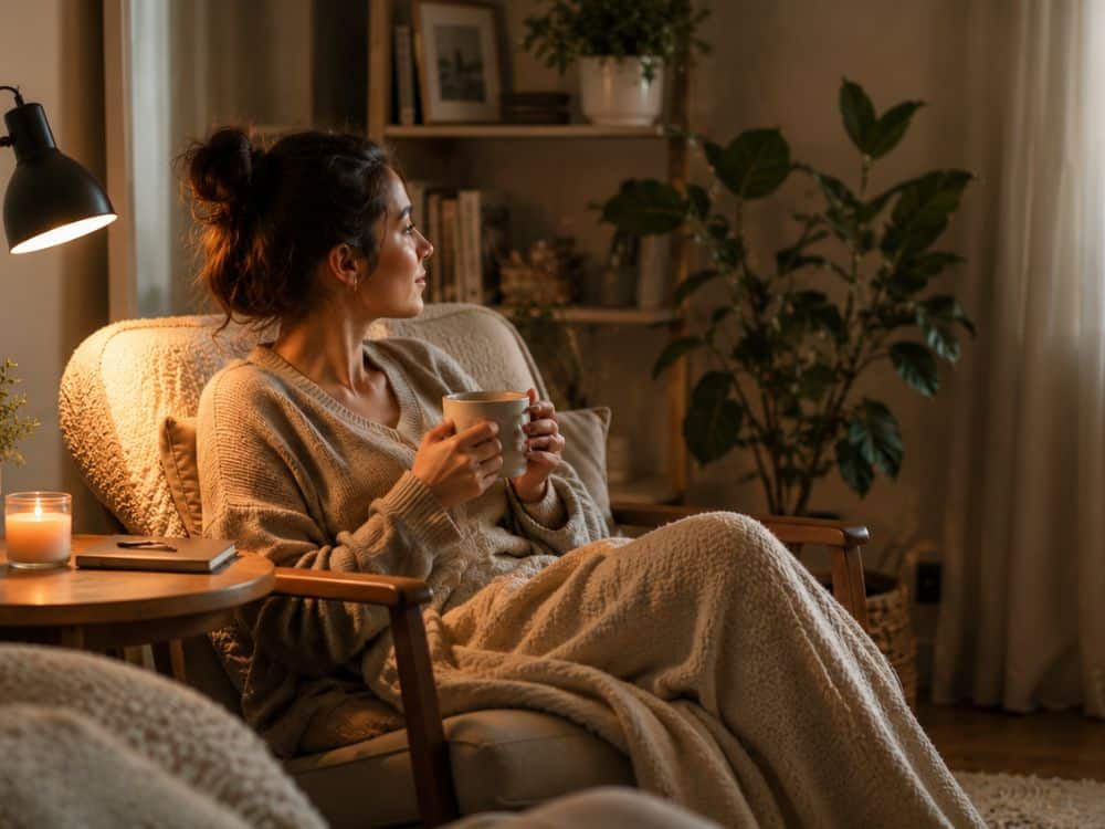 Woman enjoying a simple after-work ritual with tea in a cozy living room