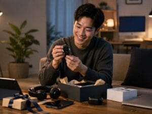 How to Choose a Tech Gift They’ll Actually Use featuring a smiling young man unboxing a smartwatch with headphones, smartphone, tablet, and laptop on a modern wooden table in a cozy living room.