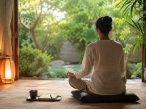 How to Continue Vipassana Meditation After a 10-Day Retreat featuring a person practicing daily meditation on a floor cushion in a peaceful home overlooking a lush garden, with a journal, tea, and calming natural light supporting a mindful routine.