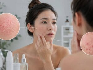 Woman examining her skin in a mirror with close-up views of flaky irritation and acne breakouts