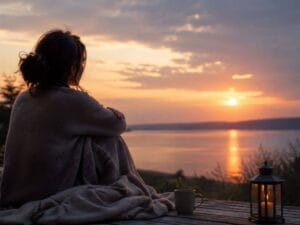 Woman wrapped in a blanket sitting by a peaceful lake at sunset, reflecting on pain and acceptance