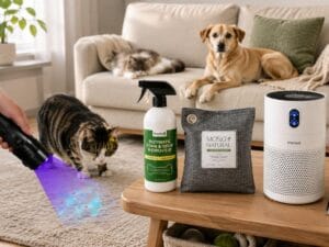 Household odor removal with pet cleaning products, an air purifier, odor-absorbing bag, enzymatic stain and odor remover, and UV cleaner arranged in a cozy pet-friendly living room.