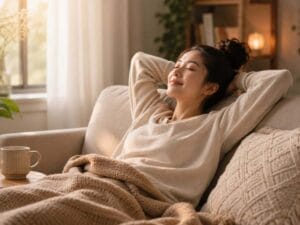 How to Rest Without Feeling Guilty and Truly Recover, showing a woman peacefully relaxing on a cozy sofa with a soft blanket, warm natural light, a cup of tea, candles, and indoor plants.