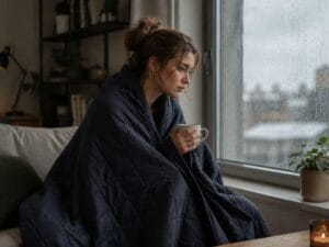 Woman wrapped in a quilted blanket by a rainy window, reflecting on how to start again after a difficult season