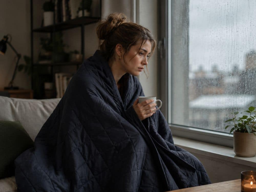 Woman wrapped in a quilted blanket by a rainy window, reflecting on how to start again after a difficult season